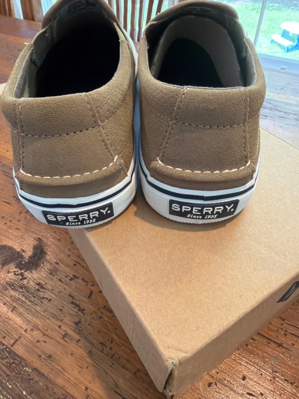 Mens 10.5 Sperry Top Sliders Striper II Taupe